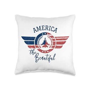 vintage america the beautiful america the beautiful-patriotic 4th of july fighter jet throw pillow, 16x16, multicolor