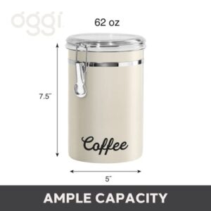 Oggi Stainless Steel Coffee Canister 62oz - Airtight Clamp Lid, Warm Gray, Tinted See-Thru Top - Ideal for Coffee Bean Storage, Ground Coffee Storage, Kitchen Storage, Pantry Storage. 5 x 7.5