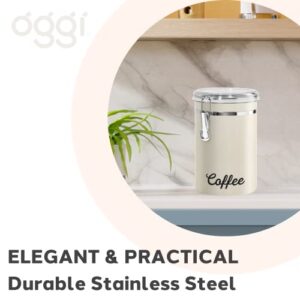 Oggi Stainless Steel Coffee Canister 62oz - Airtight Clamp Lid, Warm Gray, Tinted See-Thru Top - Ideal for Coffee Bean Storage, Ground Coffee Storage, Kitchen Storage, Pantry Storage. 5 x 7.5