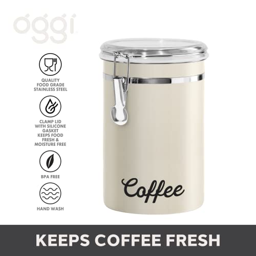 Oggi Stainless Steel Coffee Canister 62oz - Airtight Clamp Lid, Warm Gray, Tinted See-Thru Top - Ideal for Coffee Bean Storage, Ground Coffee Storage, Kitchen Storage, Pantry Storage. 5 x 7.5