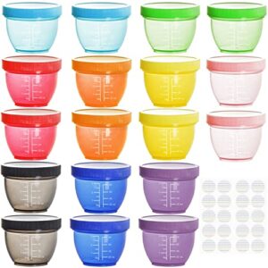 youngever 18 pack 1/2 cup small food containers with lids, 4 oz mini food storage containers, condiment, and sauce containers, 9 assorted colors, with lids labels