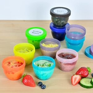 Youngever 18 Pack 1/2 Cup Small Food Containers with Lids, 4 oz Mini Food Storage Containers, Condiment, and Sauce Containers, 9 Assorted Colors, with Lids Labels