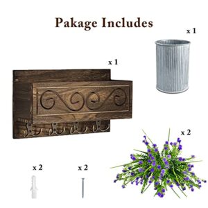 Key and Mail Holder for Wall Mounted with Purple Decorative Flowers, Large Wooden Mail Box with Wave Carving Pattern, 4 Double Metal Key Hooks, Rustic Decor Wall Mount Organizer for Entry