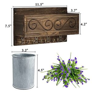 Key and Mail Holder for Wall Mounted with Purple Decorative Flowers, Large Wooden Mail Box with Wave Carving Pattern, 4 Double Metal Key Hooks, Rustic Decor Wall Mount Organizer for Entry