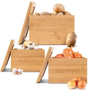 landhome onion and potato storage bins (3 pcs) - stackable bamboo vegetable containers, engraved garlic pantry canister, farmhouse kitchen accessories
