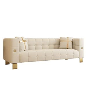 Hommoo Mid Century Modern Sofa for Living Room Velvet Sofa Small Couch for Small Space Chesterfield Sofa Couch with Gold Legs for Apartment Bedroom Office with Pillows 89" Beige…