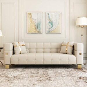 hommoo mid century modern sofa for living room velvet sofa small couch for small space chesterfield sofa couch with gold legs for apartment bedroom office with pillows 89" beige…