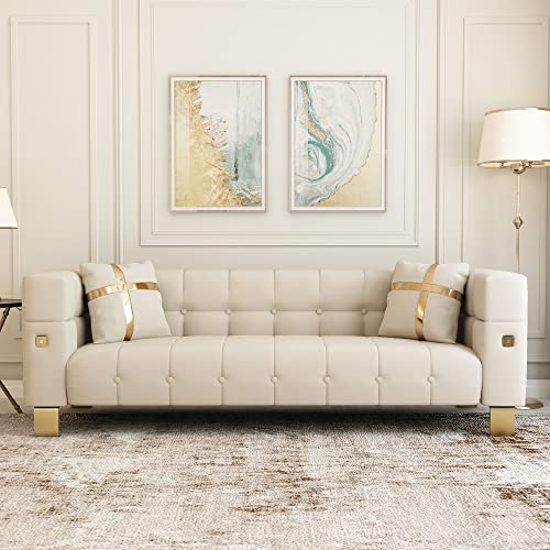 Hommoo Mid Century Modern Sofa for Living Room Velvet Sofa Small Couch for Small Space Chesterfield Sofa Couch with Gold Legs for Apartment Bedroom Office with Pillows 89" Beige…