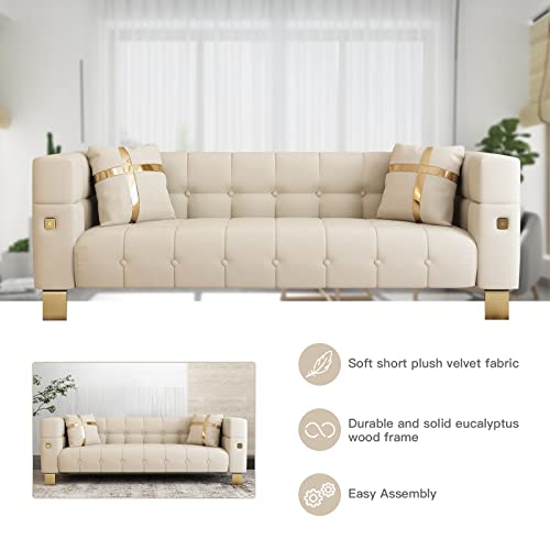 Hommoo Mid Century Modern Sofa for Living Room Velvet Sofa Small Couch for Small Space Chesterfield Sofa Couch with Gold Legs for Apartment Bedroom Office with Pillows 89" Beige…