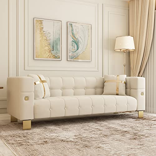 Hommoo Mid Century Modern Sofa for Living Room Velvet Sofa Small Couch for Small Space Chesterfield Sofa Couch with Gold Legs for Apartment Bedroom Office with Pillows 89" Beige…