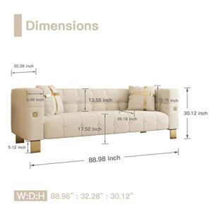 Hommoo Mid Century Modern Sofa for Living Room Velvet Sofa Small Couch for Small Space Chesterfield Sofa Couch with Gold Legs for Apartment Bedroom Office with Pillows 89" Beige…