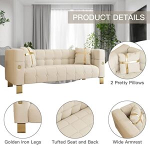 Hommoo Mid Century Modern Sofa for Living Room Velvet Sofa Small Couch for Small Space Chesterfield Sofa Couch with Gold Legs for Apartment Bedroom Office with Pillows 89" Beige…