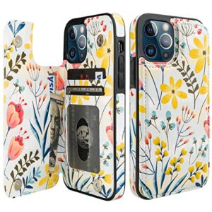 haopinsh for iphone 12/12 pro wallet case with card holder, floral flower pattern back flip folio pu leather kickstand card slots case for women girls, double magnetic clasp shockproof cover 6.1"