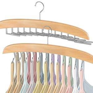 Tank Top Hanger Space Saving - Fitnice Bra Hanger for Closet Organizer with 360° Rotating 24 Foldable Metal Hooks Bra Organizer Wooden Tie Storage Rack for Camisoles, Bras, Belts, Scarfs 2 Pack