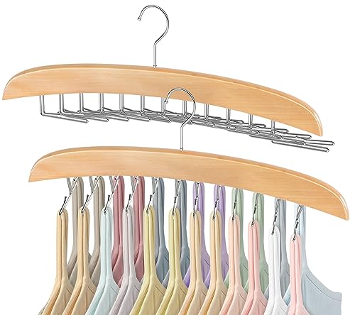 Tank Top Hanger Space Saving - Fitnice Bra Hanger for Closet Organizer with 360° Rotating 24 Foldable Metal Hooks Bra Organizer Wooden Tie Storage Rack for Camisoles, Bras, Belts, Scarfs 2 Pack