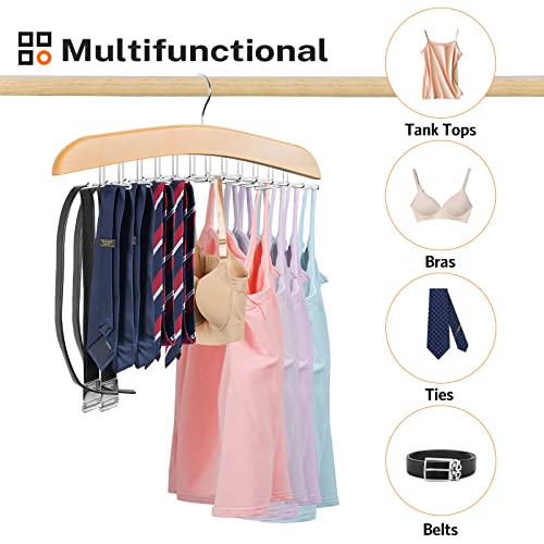 Tank Top Hanger Space Saving - Fitnice Bra Hanger for Closet Organizer with 360° Rotating 24 Foldable Metal Hooks Bra Organizer Wooden Tie Storage Rack for Camisoles, Bras, Belts, Scarfs 2 Pack