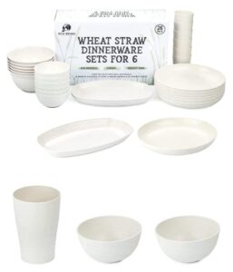 eco being wheat straw dinnerware set for 6 - light and unbreakable plates, cups, bowls and share dishes. stackable and sturdy, microwavable and dishwasher safe dishes in beige.