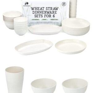 Eco Being Wheat Straw Dinnerware Set for 6 - Light and Unbreakable Plates, Cups, Bowls and Share Dishes. Stackable and Sturdy, Microwavable and Dishwasher Safe Dishes in Beige.