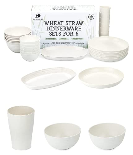 Eco Being Wheat Straw Dinnerware Set for 6 - Light and Unbreakable Plates, Cups, Bowls and Share Dishes. Stackable and Sturdy, Microwavable and Dishwasher Safe Dishes in Beige.