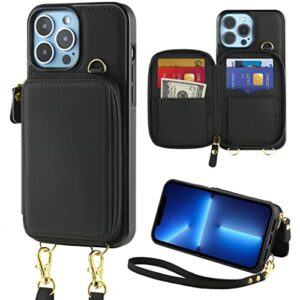outxe iphone 13 pro max case wallet for women, leather iphone 13 pro max wallet case with card holder wrist strap zipper, iphone 13 pro max purse case cover, 6.7 inch (black)