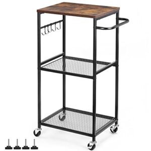 nananardoso kitchen cart on wheels, 3 tier mesh utility storage cart, wood look top and metal frame rolling pantry cart for kitchen, living room, laundry storage, rustic brown.