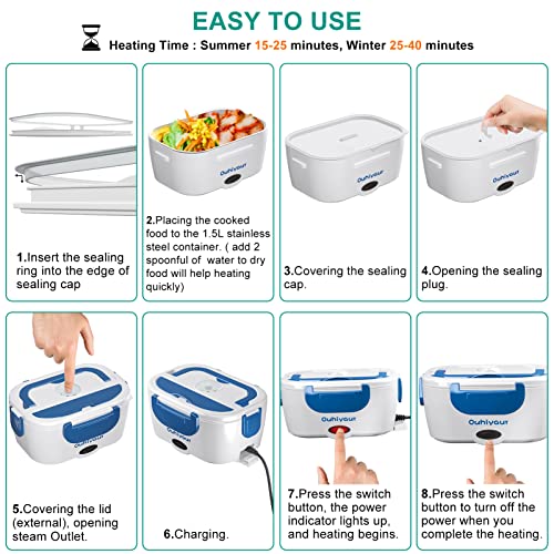 Ouhiyaur Electric Lunch Box Power Switch, Heated Lunch Boxes Adults, Dual Leak Proof Cover, 60W 110/12/24 Volt Portable Food Warmer, 1.5L 304 Stainless Steel Food Containers Trucker, Work, Home White