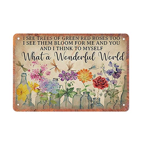 ZZZRSYR Funny Novelty Metal Sign- What A Wonderful World Flowers - Retro Wall Decor Gift for Man Cave Home Gate Garden Bars Cafes Office Store Club 8 X 12 INCH