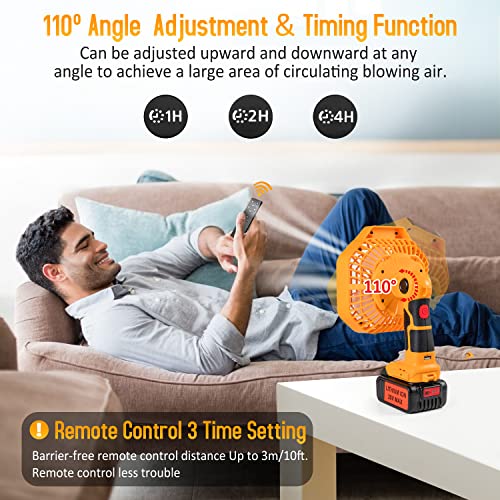 FLAGPOWER Portable Camping Fan Cordless Jobsite Fan Compatible with Dewalt 14.4-20V Li-Ion Battery USB Floor Fan Industrial fan with 3 Speeds, LED Brightness, 3H Timer 110°Rotation for Indoor Outdoors