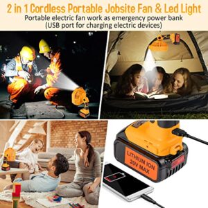 FLAGPOWER Portable Camping Fan Cordless Jobsite Fan Compatible with Dewalt 14.4-20V Li-Ion Battery USB Floor Fan Industrial fan with 3 Speeds, LED Brightness, 3H Timer 110°Rotation for Indoor Outdoors