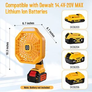 FLAGPOWER Portable Camping Fan Cordless Jobsite Fan Compatible with Dewalt 14.4-20V Li-Ion Battery USB Floor Fan Industrial fan with 3 Speeds, LED Brightness, 3H Timer 110°Rotation for Indoor Outdoors