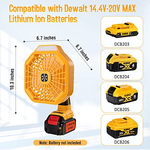 FLAGPOWER Portable Camping Fan Cordless Jobsite Fan Compatible with Dewalt 14.4-20V Li-Ion Battery USB Floor Fan Industrial fan with 3 Speeds, LED Brightness, 3H Timer 110°Rotation for Indoor Outdoors