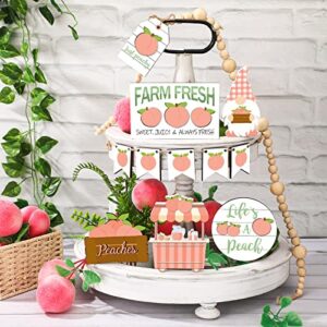 Yalikop 11 Pieces Lemon Peach Pumpkin Tiered Tray Decor Set Gnome Fresh Lemonade Wooden Wood Blocks Standing Sign Decorations for Layered Pallets Summer Autumn (Peach Style)