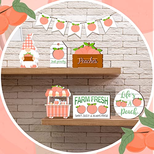 Yalikop 11 Pieces Lemon Peach Pumpkin Tiered Tray Decor Set Gnome Fresh Lemonade Wooden Wood Blocks Standing Sign Decorations for Layered Pallets Summer Autumn (Peach Style)