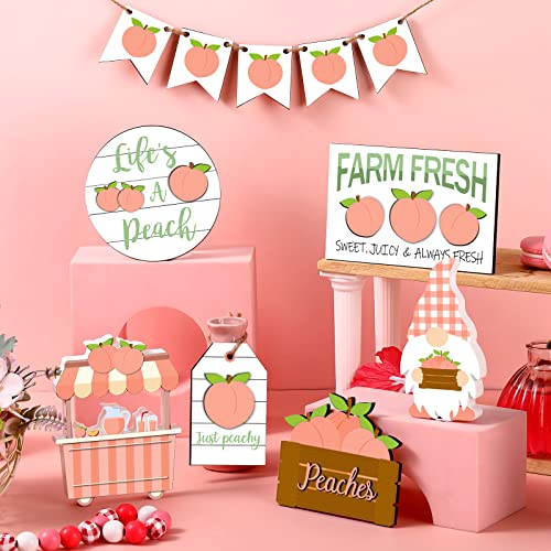 Yalikop 11 Pieces Lemon Peach Pumpkin Tiered Tray Decor Set Gnome Fresh Lemonade Wooden Wood Blocks Standing Sign Decorations for Layered Pallets Summer Autumn (Peach Style)