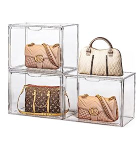 clear handbag storage organizer for closet, 3 packs acrylic display case for purse/handbag, plastic storage containers with magnetic door, acrylic box organizers for collectibles, toys, figures