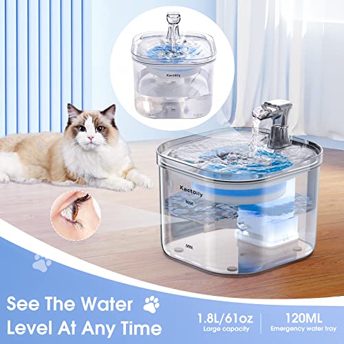 Kactoily Water Fountain for Cats Inside Pet Fountain Cat Water Dispenser Automatic 61oz/1.8L Ultra-Quiet Cat Drinking Fountains(USB Adapter, Brush, Cloth, 2*Filter)