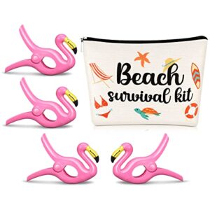 4 pcs towel clips for chairs flamingo parrot beach chair clips for beach chairs,1 pcs beach kit cosmetic bag for women (flamingo)