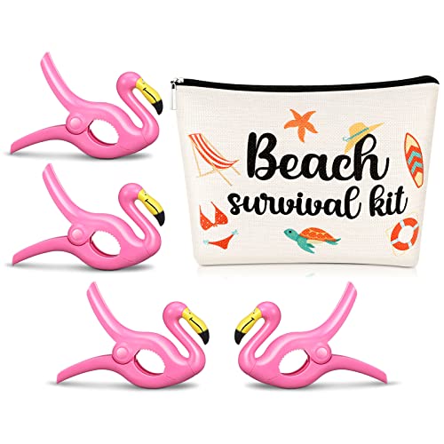 4 Pcs Towel Clips for Chairs Flamingo Parrot Beach Chair Clips for Beach Chairs,1 Pcs Beach Kit Cosmetic Bag for Women (Flamingo)