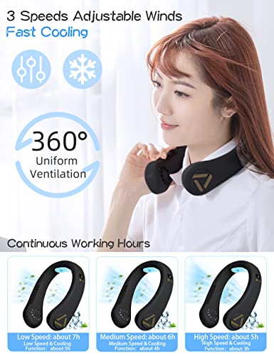 TOWOOZ Portable Neck Fan, Bladeless Neck Fan Hands Free Portable Neck Fan 4000 mAh Ultra Quiet Rechargeable Portable Hanging Neck Fan with 3 Speeds Adjustment, Wearable Fan for Outdoor (Black)