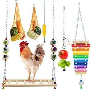 Chicken Toys, 6Pcs Oziyrnka Chicken Toys for Coop with Durable Long Chain, Chicken Swing Roomy Solid Wood, Chicken Coop Toys Fruits Feeder, Toys for Chickens, Chicken Xylophone