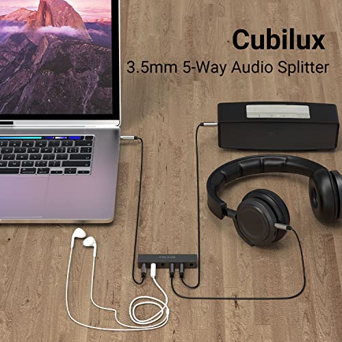 Cubilux Professional 5-Way 3.5mm AUX Splitter, Aluminum Case 5-Channel 1/8” Stereo Headphone Splitter, Multi-Port TRS Audio Share/Split Box/HUB for Speaker Earphones Laptop PC Smartphone Tablet