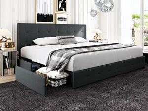 hoomic king size platform bed frame with 4 storage drawers, adjustable headboard, square stitched button tufted design with wooden slats, no box spring needed, dark grey