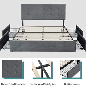 HOOMIC King Size Platform Bed Frame with 4 Storage Drawers, Adjustable Headboard, Square Stitched Button Tufted Design with Wooden Slats, No Box Spring Needed, Dark Grey