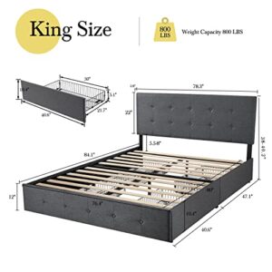 HOOMIC King Size Platform Bed Frame with 4 Storage Drawers, Adjustable Headboard, Square Stitched Button Tufted Design with Wooden Slats, No Box Spring Needed, Dark Grey