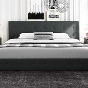 HOOMIC King Size Platform Bed Frame with 4 Storage Drawers, Adjustable Headboard, Square Stitched Button Tufted Design with Wooden Slats, No Box Spring Needed, Dark Grey