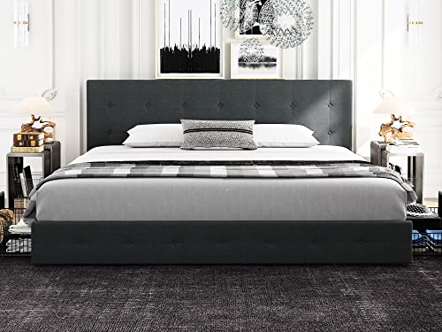 HOOMIC King Size Platform Bed Frame with 4 Storage Drawers, Adjustable Headboard, Square Stitched Button Tufted Design with Wooden Slats, No Box Spring Needed, Dark Grey