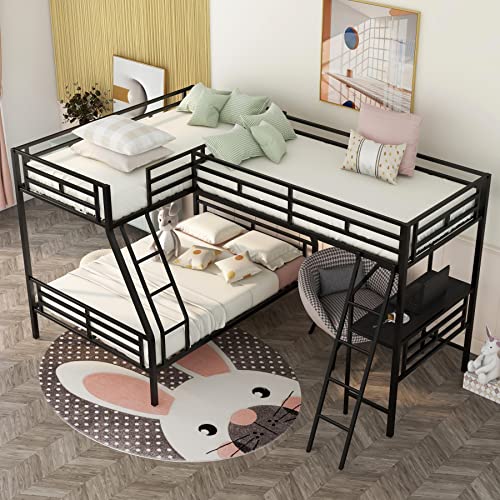 L-Shaped Metal Triple Bunk Bed for 3, Twin Over Full Bunk Bed with a Twin Size Loft Bed Attached, with a Desk, 3 Beds Bunk Bed Frame for Kids Teens Adults - Black