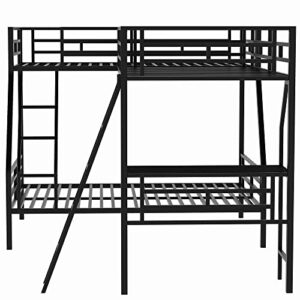 L-Shaped Metal Triple Bunk Bed for 3, Twin Over Full Bunk Bed with a Twin Size Loft Bed Attached, with a Desk, 3 Beds Bunk Bed Frame for Kids Teens Adults - Black