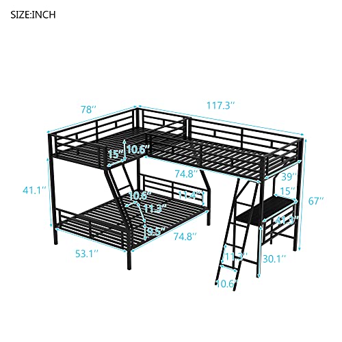 L-Shaped Metal Triple Bunk Bed for 3, Twin Over Full Bunk Bed with a Twin Size Loft Bed Attached, with a Desk, 3 Beds Bunk Bed Frame for Kids Teens Adults - Black