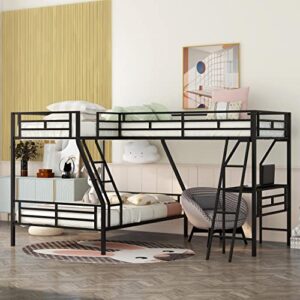 L-Shaped Metal Triple Bunk Bed for 3, Twin Over Full Bunk Bed with a Twin Size Loft Bed Attached, with a Desk, 3 Beds Bunk Bed Frame for Kids Teens Adults - Black